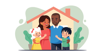 Happy family of four standing in front of their house, perfect for real estate, insurance, or family-themed websites and brochures.