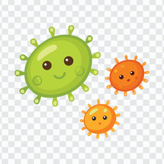 Cute Cartoon Virus Characters in Green, Orange, and Yellow on Transparent Background for Educational and Health Designs