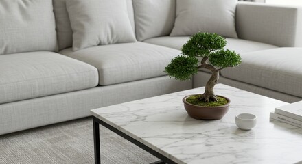 Serene Indoor Living Room with Cozy Sofa and Artistic Bonsai Tree Centerpiece on Marble Table