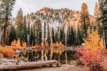 Autumnal mountain lake with vibrant foliage reflected