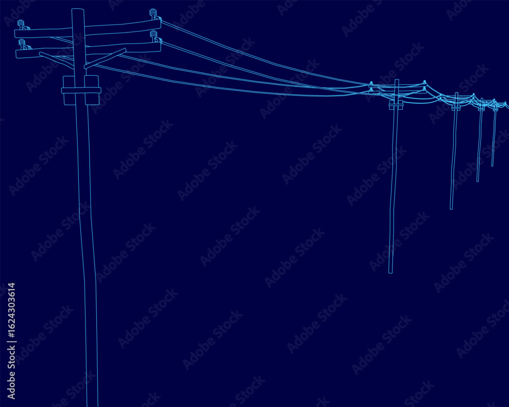 Poster a blue background features a clean line drawing of an electrical powerline with multiple poles and c