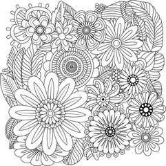 Intricate line art floral design featuring numerous blooming flowers and leaves detailed botanical sketch