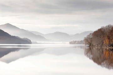 Misty lake landscape reflects mountains