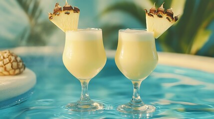 Two glasses of pina colada cocktail by a swimming pool