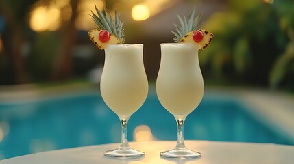 Two glasses of pina colada cocktail by a swimming pool