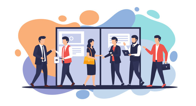 Diverse business people networking at a conference or trade show. Ideal for websites, brochures, and presentations.