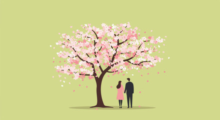 Couple holding hands beneath blossoming cherry tree with falling petals in background