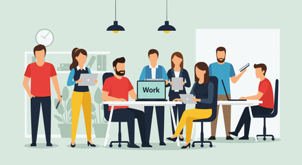 Diverse team collaborating in a modern office, ideal for website banners or company brochures.