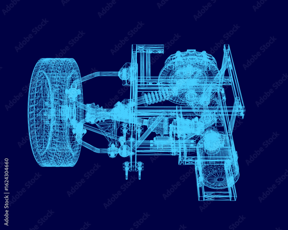 Poster blueprint of a car chassis displayed on a blue background, featuring detailed wireframe components a