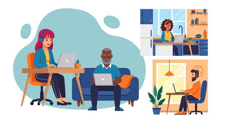 Diverse group of people working remotely from home, perfect for illustrating work-from-home concepts or remote work articles.