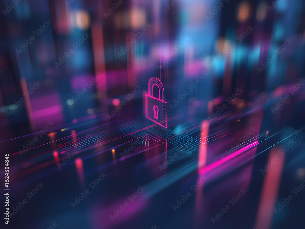 Poster a vibrant digital representation of a padlock, symbolizing cybersecurity and data protection within 