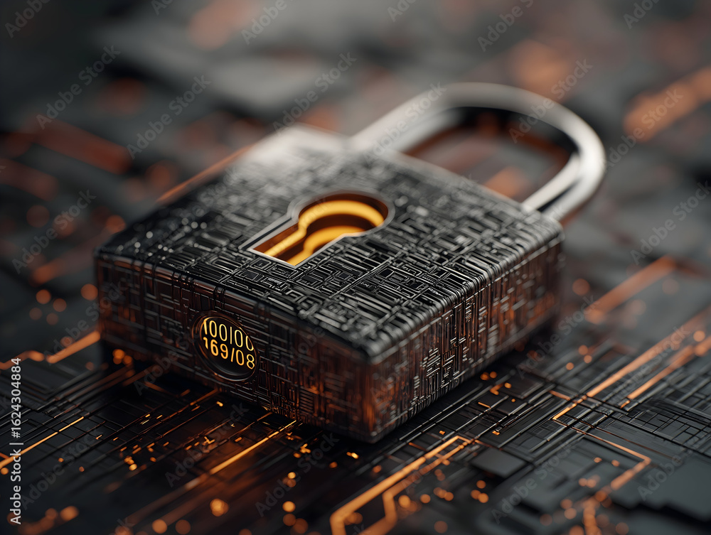 Poster a digital lock with intricate circuitry designs, symbolizing cybersecurity and data protection in a 
