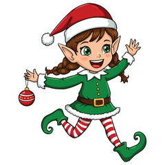 Cheerful Elf Girl with Ornament in Festive Christmas Outfit