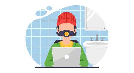Person working on laptop in bathroom wearing respirator mask, ideal for articles on remote work, health, or air quality.