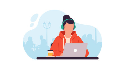 Young woman working on laptop in a cafe, perfect for blog posts about remote work or freelance lifestyle.