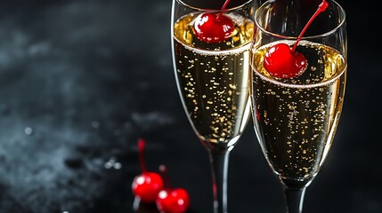 Two glasses of sparkling wine with maraschino cherries