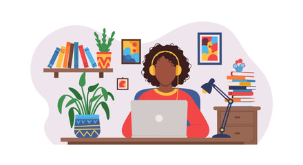 Woman working from home on laptop, perfect for blogs, websites, and social media posts about remote work or online learning.