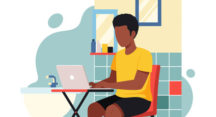 Man working on laptop in bathroom, perfect for illustrating remote work, flexibility, or modern lifestyle.