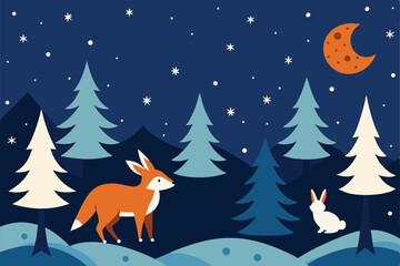 winter woodland wallpaper with foxes  rabbits  and (1).eps