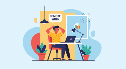 Relaxed remote worker at desk, perfect for illustrating work from home concepts on websites or marketing materials.