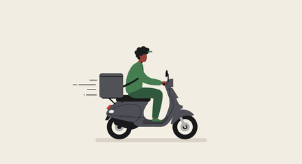 Courier rides scooter with package on neutral background for delivery ads
