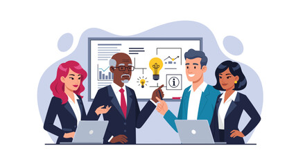 Diverse business team brainstorming ideas around a whiteboard, perfect for presentations or website landing pages.