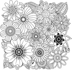 Fototapeta premium Intricate black and white floral pattern with delicate petals and leafy accents