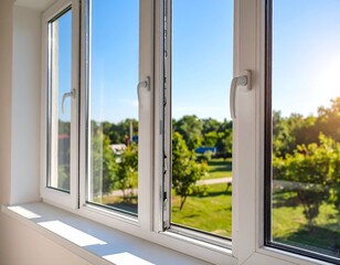 Bright sunlit view through a modern white three-pane window
