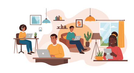 Diverse group of people working remotely from home, ideal for illustrating remote work, work from home, or telecommuting concepts.