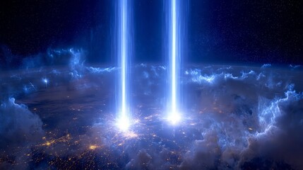 City Below Glowing Space Beams At Night