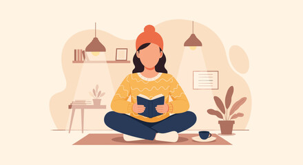Woman reading a book in a cozy room, perfect for blogs about relaxation, self-care, or reading.