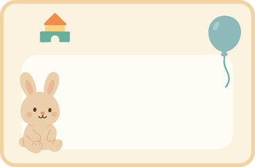 Bunny character name tag sticker with balloon and house icon, baby label design