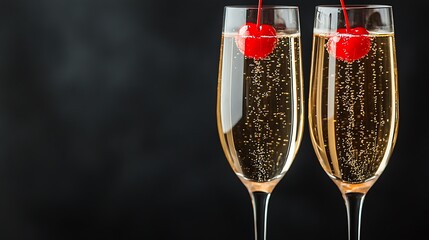 Two glasses of sparkling wine with maraschino cherries