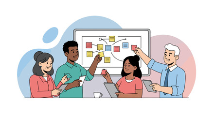 Diverse team brainstorming with sticky notes on whiteboard - perfect for project management or teamwork landing pages.