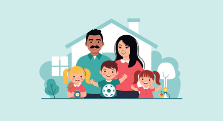 Happy diverse family portrait in front of their house, ideal for family blogs, websites, and brochures.
