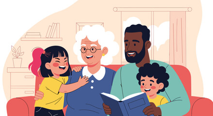 Happy multigenerational family reading a book together at home. Perfect for websites, brochures, or social media promoting family togetherness and literacy.