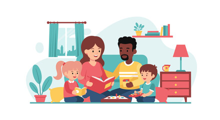 Happy family reading and playing games together at home - perfect for family blogs, parenting websites, or children's books.