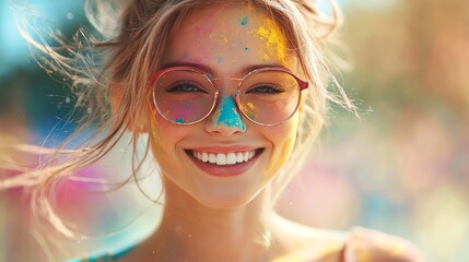 Joyful woman with colorful splashes celebrating outdoors.