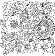 Detailed black and white line art floral pattern perfect for coloring and design projects