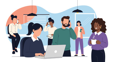 Diverse team of professionals working collaboratively in a modern office, ideal for showcasing teamwork and communication.