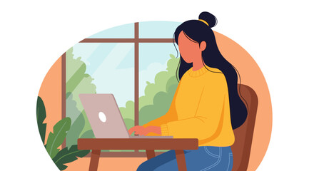 Young woman working on laptop near window, perfect for website banners or blog posts about remote work.
