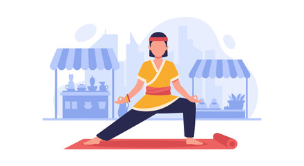Person practicing yoga in front of market stalls, ideal for wellness websites or brochures.