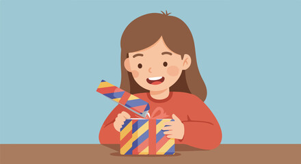 Girl unwraps a present on a table with a plain background, useful for presentations
