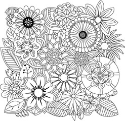 Intricate line art black and white floral pattern daisy and aster arrangement