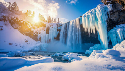 A stunning winter landscape with a partially frozen waterfall. The water falls down, forming transparent, icy columns and icicles hanging from the rocks. There is snow and snow-covered trees around th