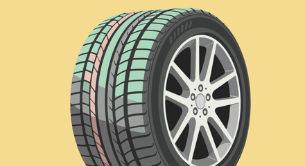New illustrated car tire with silver rim shown, isolated on simple tan background