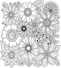 Intricate black and white floral design of many blooming flowers and leaves detailed line art