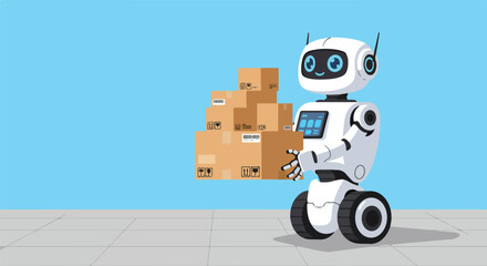 Robot carrying cardboard boxes on pavement for delivery. Blue plain background