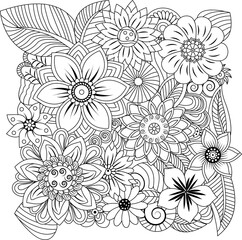 Intricate black and white floral pattern detailed drawing botanical art for coloring and decoration