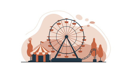 Carnival scene with ferris wheel, tent, roller coaster and trees. Background art